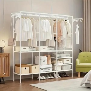 3 Tier Adjustable Metal Garment Rack with Shoe Storage, Hanging Rods and Side Hooks, Heavy Duty Freestanding Closet Organizer, Sturdy Wire Shelving - 1 of 4