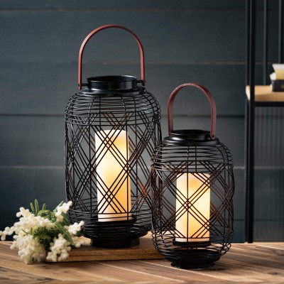 Black Woven Metal Lanterns with Wooden Handles, Set of 2