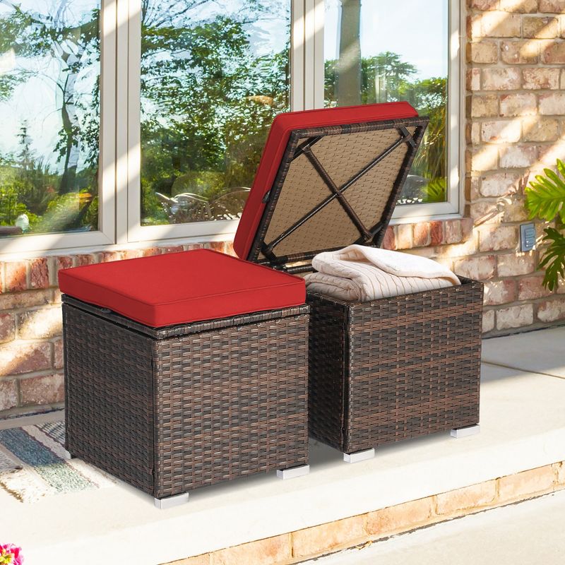 Costway 2PCS Patio Rattan Ottomans Seat Side Table Storage Box Footstool with Cushions Red/Grey, 5 of 11