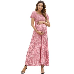 Maternity Dress Women's Smocked Square Neck Puff Sleeve Ruffle Maternity Maxi Dress for Baby Shower or Casual Wear PinkDLN S - 1 of 1