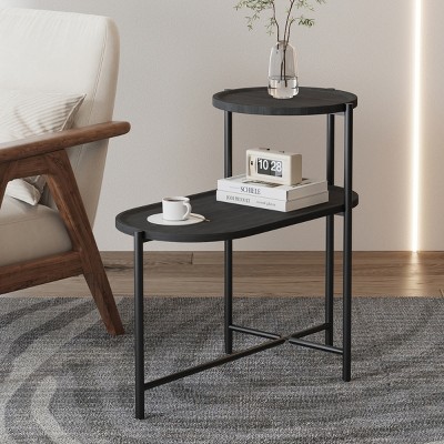 2-Tier Round Coffee Table with Oval Storage Shelf,Modern Metal Frame End Table for Small Living Room Spaces-The Pop Home