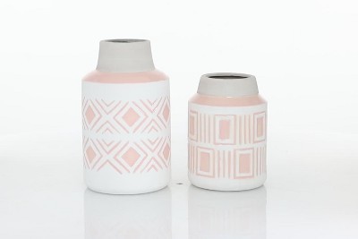 Set of 2 Pink and White Ceramic Geometric Decorative Vases