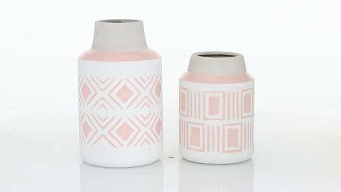 Set of 2 Round Geometric Textured Patterned Ceramic Vase Pink/White - Olivia &#38; May, 2 of 6, play video