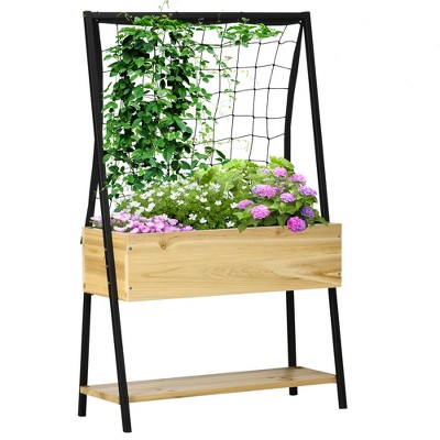 Outsunny Raised Garden Bed with Climbing Grid Trellis & Storage Shelf, Elevated Planter Box for Vegetable Vines, Climbing Plants, Natural