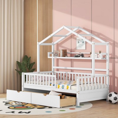 Wooden House Bed with 2 Drawers,Kids Bed with Storage Shelf