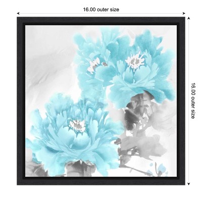 Aqua and Grey Floral Canvas Print with Black Frame
