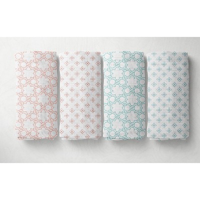 Bacati - Petals/Floral  Muslin Swaddling Blankets set of 4 Aqua/Coral