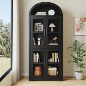 Arched Bookshelf with Doors, 71.4" Tall Farmhouse Bookcase, 15.8" Deep Wooden Display Cabinet with Storage Shelves - 1 of 4