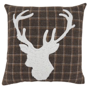 Saro Lifestyle Plaid Reindeer Poly-Filled Throw Pillow, 18", Brown - 1 of 3