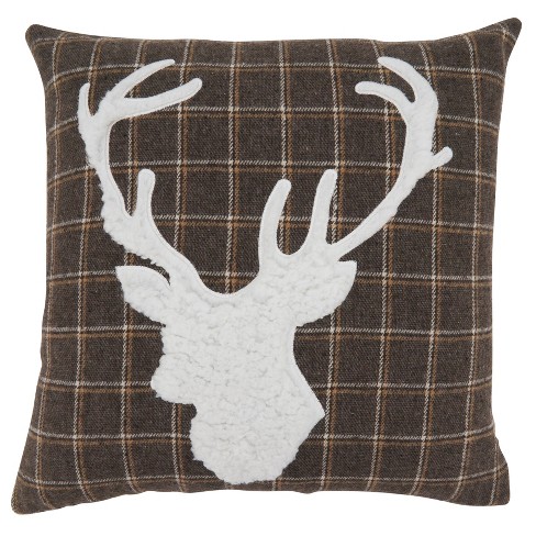 Saro Lifestyle Plaid Reindeer Poly-Filled Throw Pillow, 18", Brown - image 1 of 3