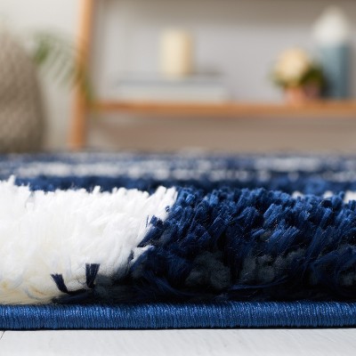 Navy and White 8' x 10' Geometric Shag Area Rug