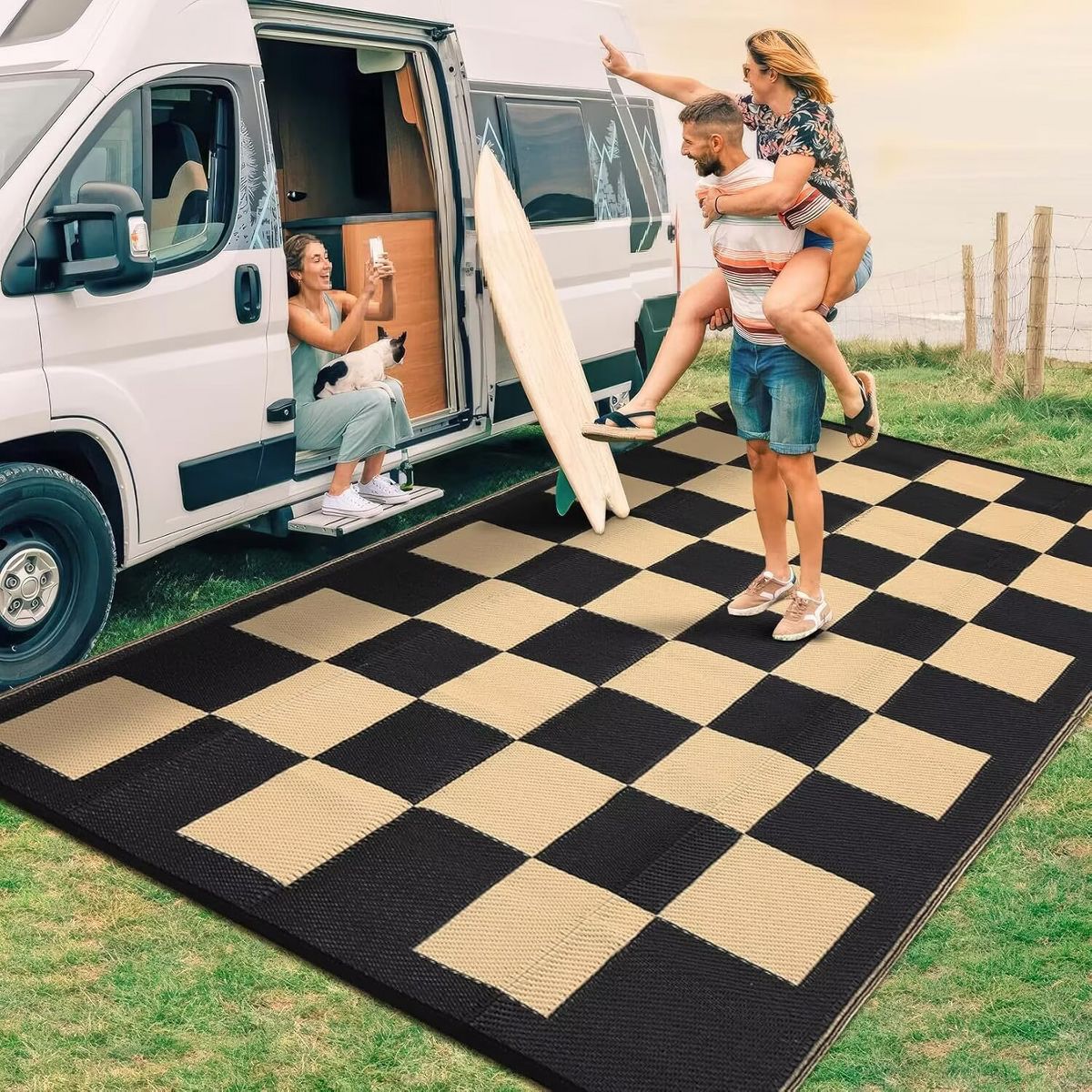 Garvee Outdoor Rug Checkerboard Geometric Plaid Pattern, Waterproof Plastic Straw Rug, UV Resistant Foldable Outdoor Rug for Picnic, Backyard, Deck - thumbnail 2