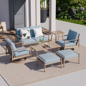 HAPPATIO 7 Pieces Aluminum Outdoor Conversation Set Includes 1 Loveseat, Side Table, Coffee Table, 2 Swivel Chairs and Ottomans - 1 of 4