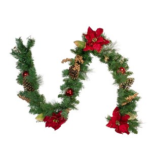 Northlight 6' x 10" Unlit Green Pine, Poinsettias and Gold Berry Artificial Christmas Garland - 1 of 4