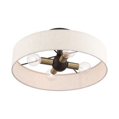 Bronze Antique Brass 4-Light Drum Semi-Flush Mount with Oatmeal Shade
