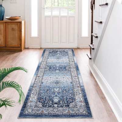 Washable Vintage Area Rug, Low Pile Foldable Non-Slip Non-Shedding Ultra-Thin Floral Accent Carpet for Living Room Bedroom