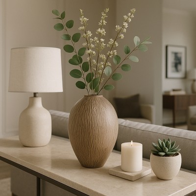 Decorative Round Vase with Vertical Line Pattern for Living Room Decor - Contemporary Home Accent for Bedroom, Office, and Table Decor