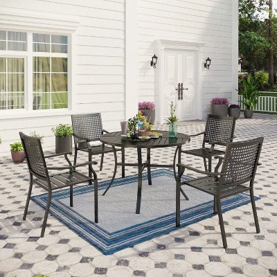 Captiva Designs 5pc Patio Dining Steel Set with Slat-top Round Table & Metal Chairs with Stylish Back
