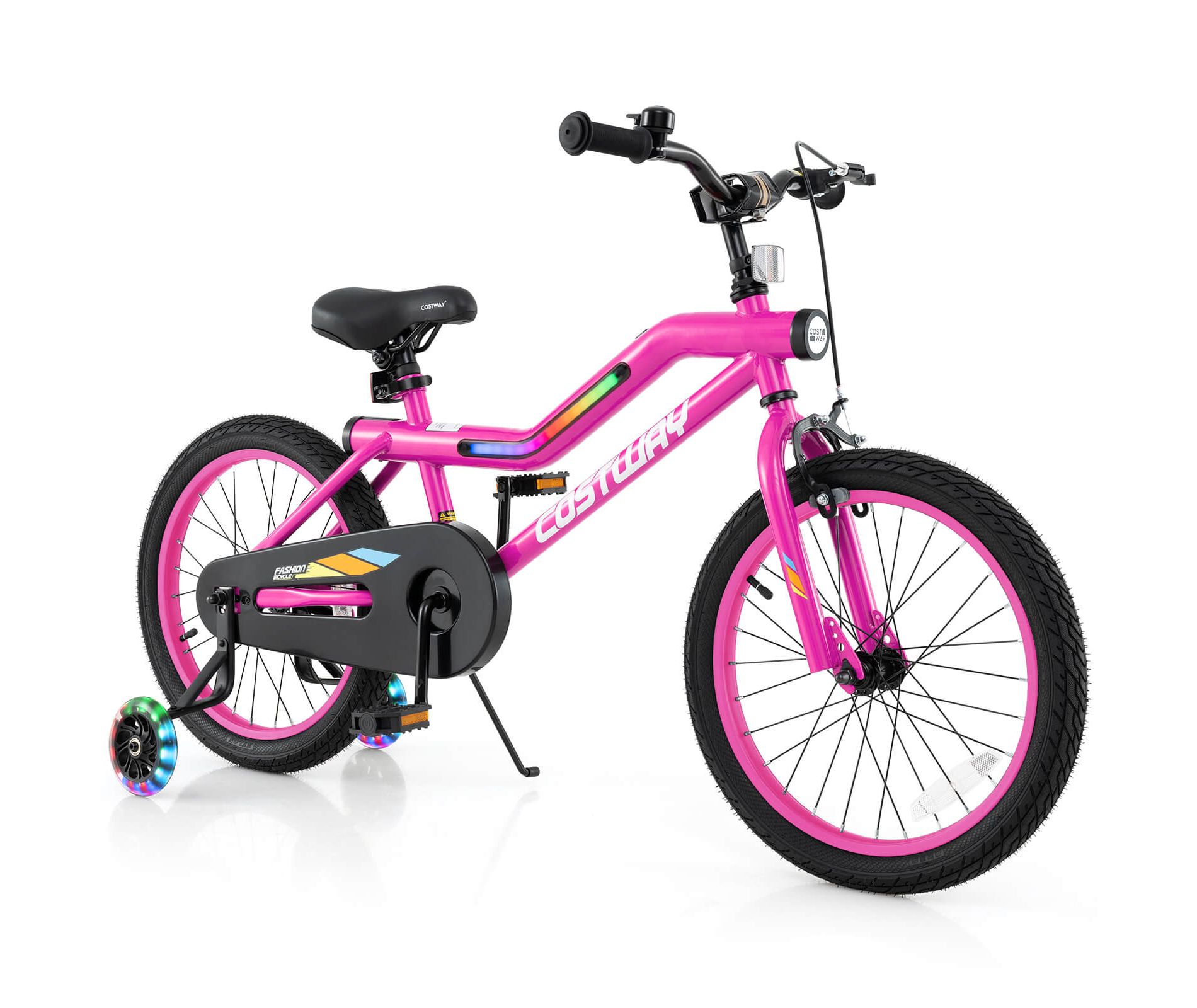Costway 18" LED Lighted Kids Bike with Adjustable Seat Coaster Brake Training Wheels Pink