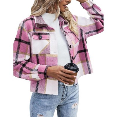 Zeagoo Womens Fashion Cropped Flannel Shacket Jacket Plaid Button Down Shirt Trend Casual Cozy Coat Tops