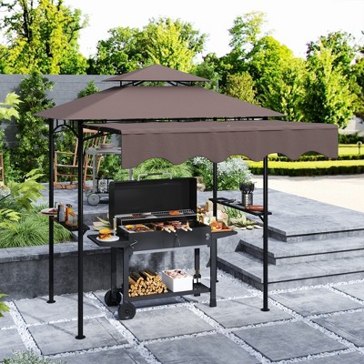 Brown Double Tiered Outdoor BBQ Grill Gazebo with Side Awning