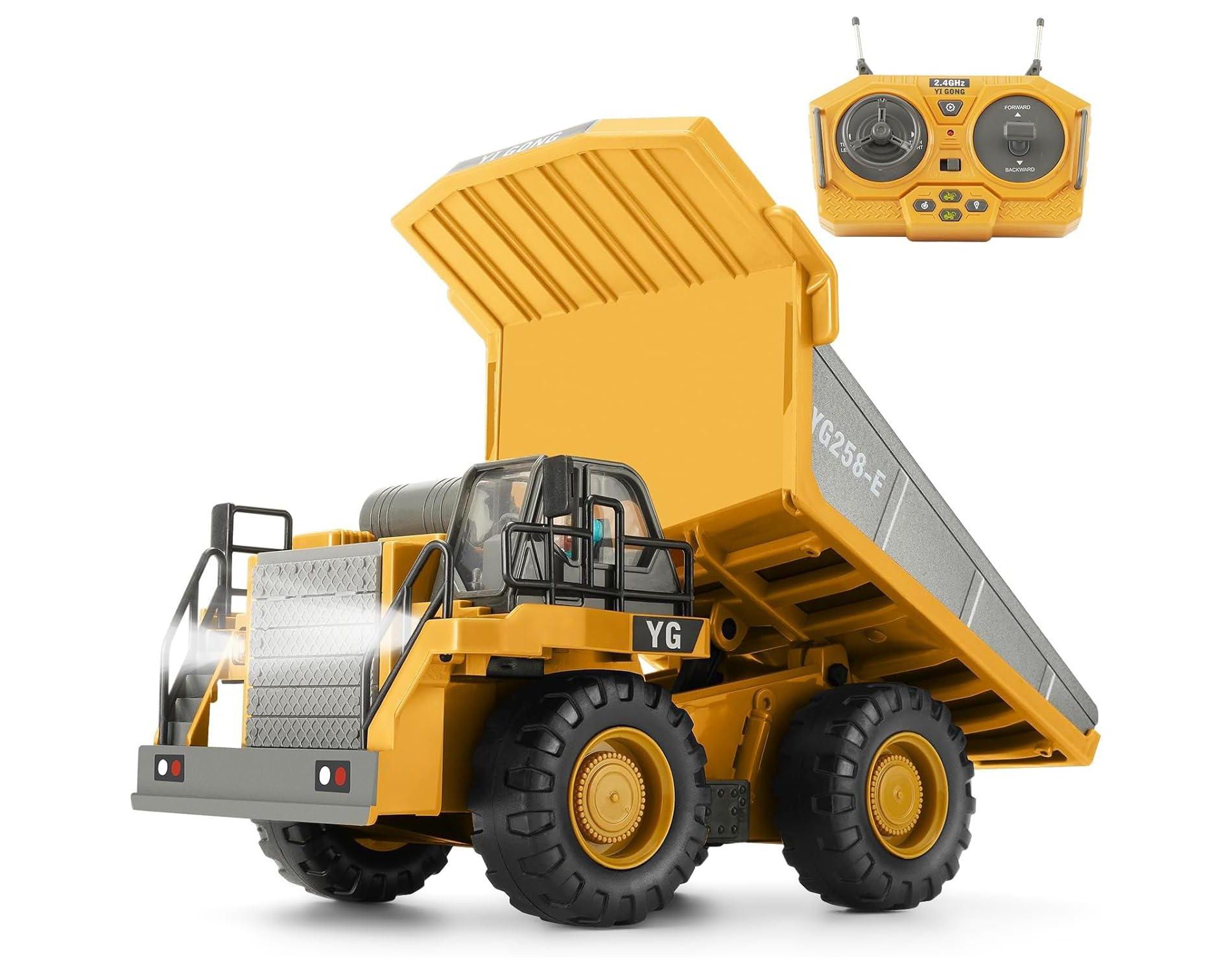 TEMI Remote Control Construction Truck with Light Sound 9 Channel Metal Bed for Kids 3+