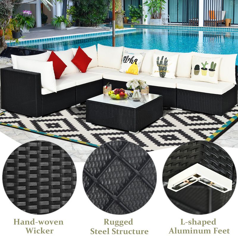 Costway 7PCS Patio Rattan Furniture Set Sectional Sofa Cushioned Glass Table Steel Frame, 5 of 11