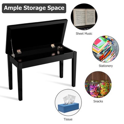 Elegant Solid Wood and Black PU Leather Double Duet Piano Bench with Storage