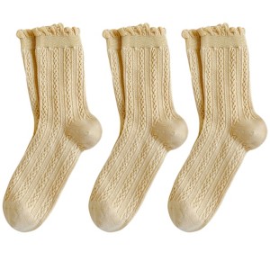 Anna-Kaci 3 Pairs Mid-Crew Cable Knit Socks with Ruffle Cuffs Soft Stretchy Vintage-Inspired Design - 1 of 4