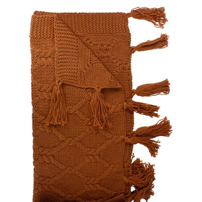 Golden Ochre Cotton Knit Throw Blanket with Tassels