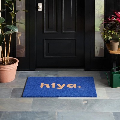 Blue Coir Outdoor Welcome Mat with Modern Hiya Design, 18" x 30"