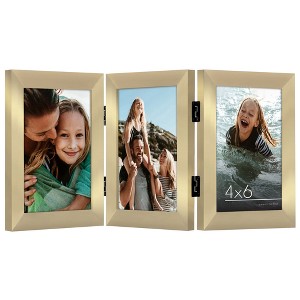 Americanflat Hinged 3 Photo Frame in Polished Brass Color MDF - Desk Photo Frame for 4X6" Photos - Tri Folding Picture Frame For Desk - 1 of 4