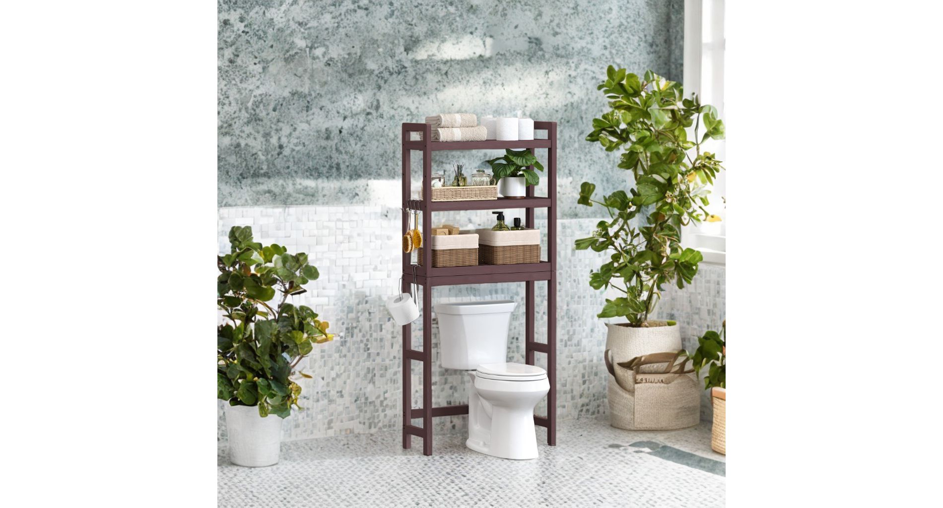 LEDREM Over The Toilet Storage Shelf, 3-Tier Bathroom Organizer Adjustable Saver Space Rack with Toilet Paper Holder,Brown