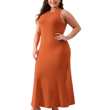 Agnes Orinda Women's Plus Size Crew Neck Sleeveless Knit Casual Spring Summer Wrap Midi Tank Dresses Rust Red 1X