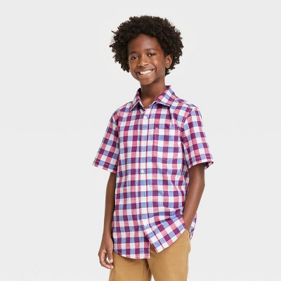 Boys' Gingham Button-Down Short Sleeve Shirt - Cat & Jack™ Red/White/Blue