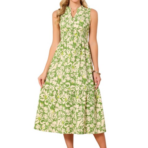 Женские платья INSPIRE CHIC Women's Sleeveless Floral Tiered Pleated Collar V Neck Ruffle A Line Maxi Dresses Medium Green