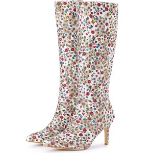 Perphy Women's Pointed Toe Sparkle Glitter Sequin Lace Stiletto Heel Knee High Boots - 1 of 4