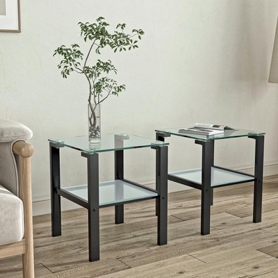 Dolonm 2-Piece Tempered Glass Side Table Set: 2-Tier 17.7" Square End Tables, 100LBS Capacity - Modern Nesting Tables for Living Room/Bedroom