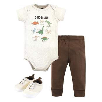 Hudson Baby Infant Boy Cotton Bodysuit, Pant and Shoe Set, Dinosaur Adventures
