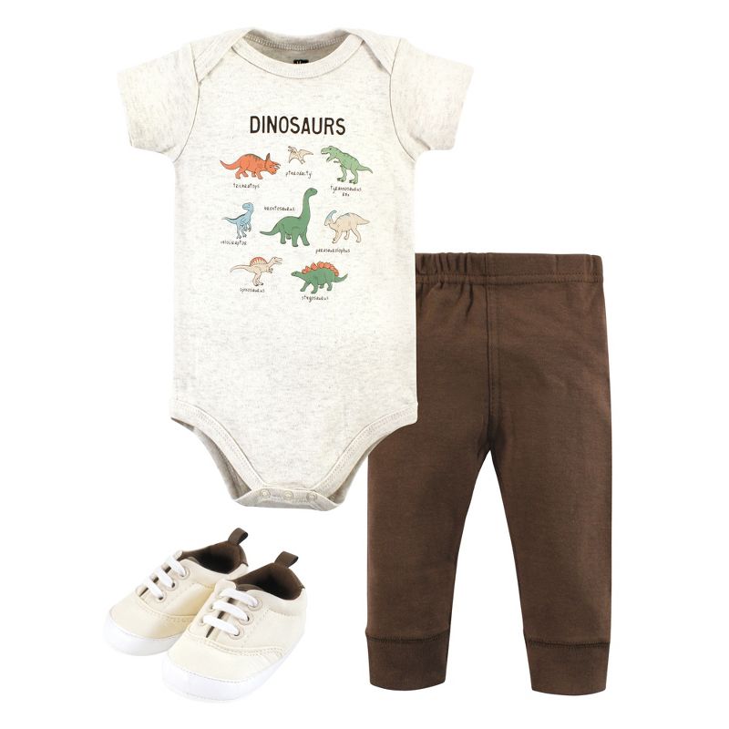 Hudson Baby Infant Boy Cotton Bodysuit, Pant and Shoe Set, Dinosaur Adventures, 1 of 6