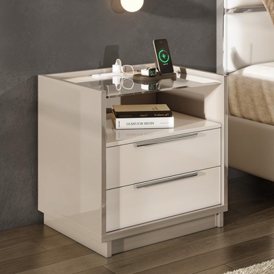 AMERLIFE 23.6" High Gloss End Table with Glass Tabletop and Charging Station  and 2 Drawers Nightstand, White&Gray