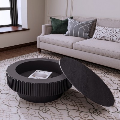 31.5" Fluted Round Coffee Table with Hidden Storage,Modern Accent Tea Table for Living Room Bedroom-Baofuwish