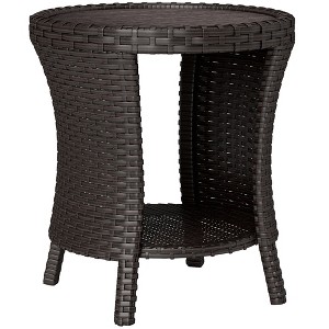 Outsunny 18" Outdoor Wicker Coffee Table, PE Rattan Patio Side Table with 2-Tier Storage, Composite Wood Top for Garden Backyard Balcony - 1 of 4