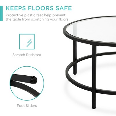 Elegant 36in Round Black Tempered Glass Coffee Table with Metal Frame
