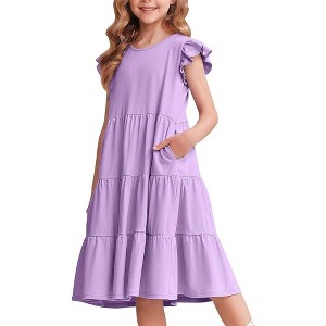 Arshiner Girl's Summer Dresses Ruffle Sleeve Tiered Swing Midi Casual Sundress with Pockets - 1 of 4