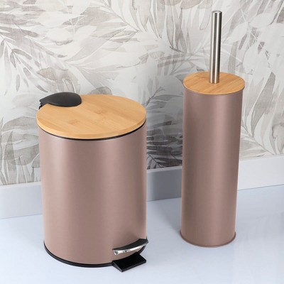 Evideco French Home Goods Bathroom Set with Bamboo Lid - Matte Metal Trash Can and Toilet Brush