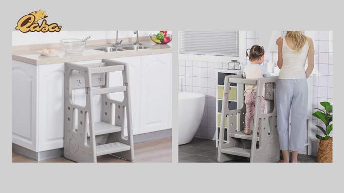 Qaba Toddler Tower with Adjustable Height, Toddler Kitchen Stool Helper with Anti-slip Mat, Step Stool for Kitchen, Bathroom, Bedroom, 2 of 9, play video