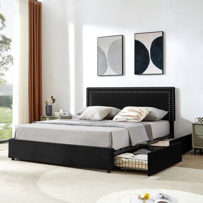 VECELO Upholstered Platform Bed Frame Platform with 4 Storage Drawers, Adjustable Velvet Rivets Headboard
