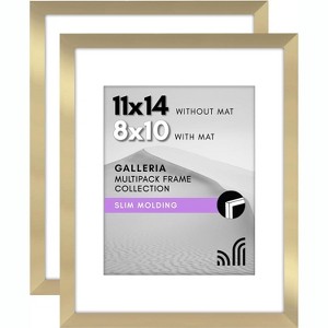 Americanflat 11x14 Picture Frame with Polished Plexiglass - Set of 2 - Use as 8x10 Frame with Mat or Display 11x14 Photo Without Mat - Gold - 1 of 3