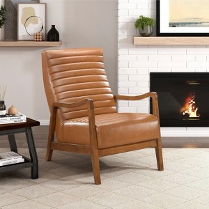 1pc Accent Chair Brown Faux Leather Walnut Finish Solid Rubberwood Modern Living Room Furniture - 1 of 4